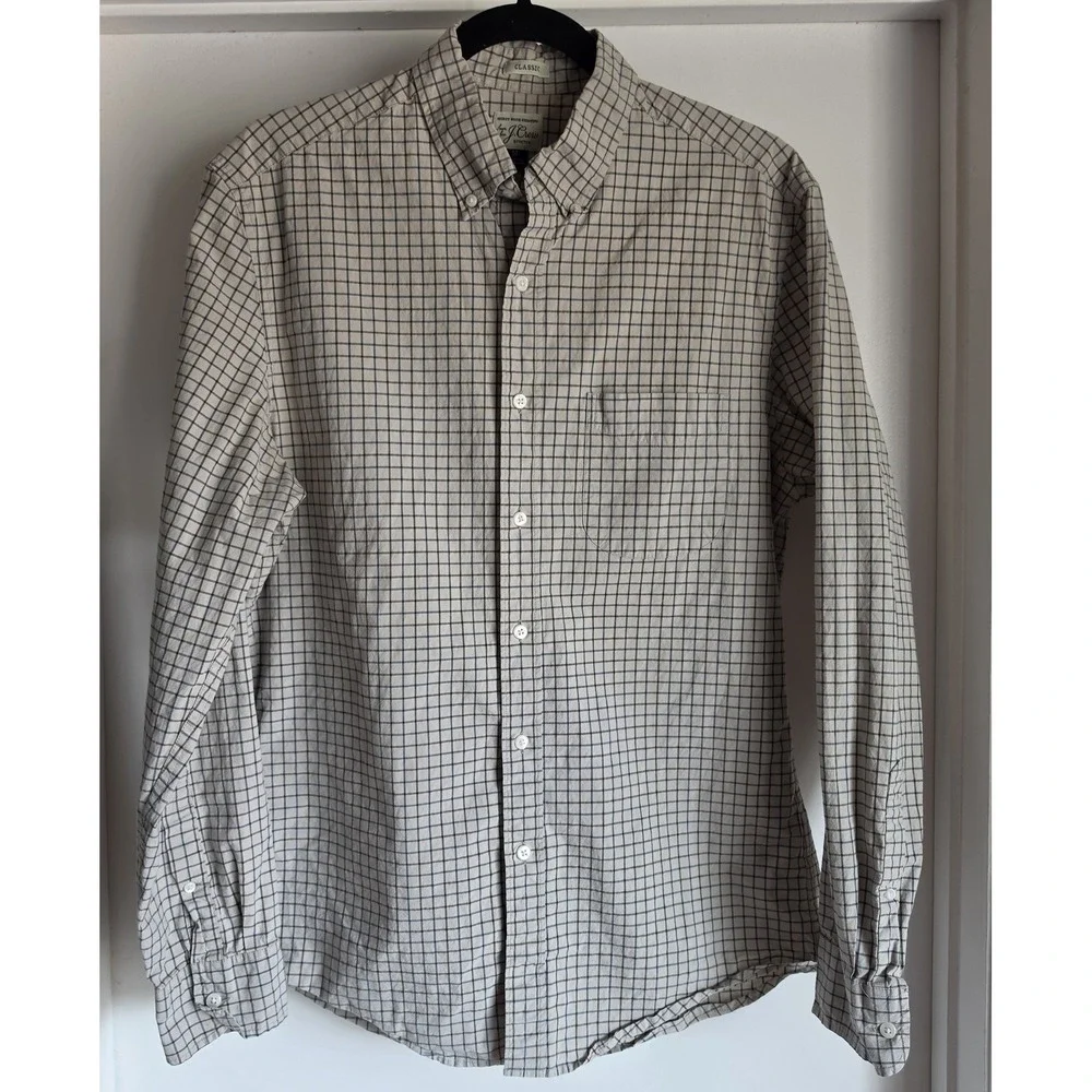 J.Crew Men M Plaid Check Button-Up Long Sleeve Shirt Beige Blue Black Top